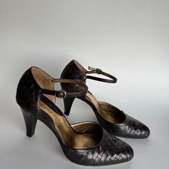 Antonio Melani Woven Leather Ankle Strap Heels Bronze Brown 7M Pump - Picture 2 of 5